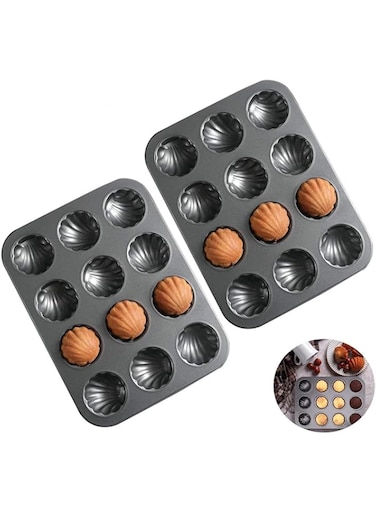 Aputue Madeleine Pan, 2 Pack Cake Mold Pans, 12 Cavity Non Stick Madeleine Pan, Warp Resistant Shell Shape Madeleine Mold Cake Pan, Shell Shape Baking Cake Mold Pan, Cake Molds for Baking Shapes