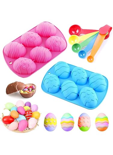 DELFINO 3D Easter Egg Shape Silicone Cake Candy and Chocolate Non-stick Mold and Measure Spoons Set, Trays Cooking Supplies for DIY Chocolate, Candies, Soap, Ice Cube Trays Baking Molds