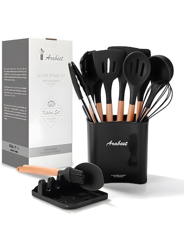Arabest Silicone Cooking Utensil Set,Silicone Kitchen Utensil Set-13pcs,Wooden Handles Utensils Tool for Nonstick Cookware,Non Toxic Heat Resistant Kitchen Tools Set With Storage Bucket And Lid Rest