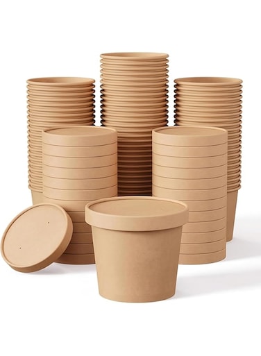 10 PCS 12 Oz Kraft Disposable Soup Bowls With Lid,Ice Cream Cups Containers with Lids, Eco-friendly, Microwave Safe and Freezer Safe Thick Kraft Cups Disposable Containers (12 Oz/350ML) - Pack Of 10