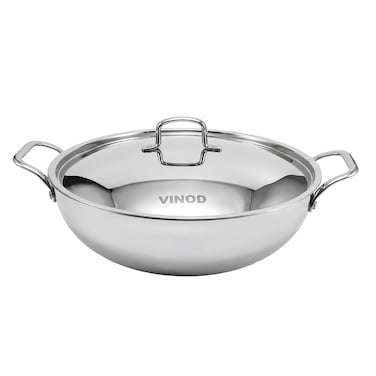 Vinod Smart Tri-Ply Stainless Steel Kadahi with Lid, 34 cm (Item VTK034)   Heavy Bottom Premium Deep Wok   Elegant Triply Cookware Stir-Fry Pan for Even Heating