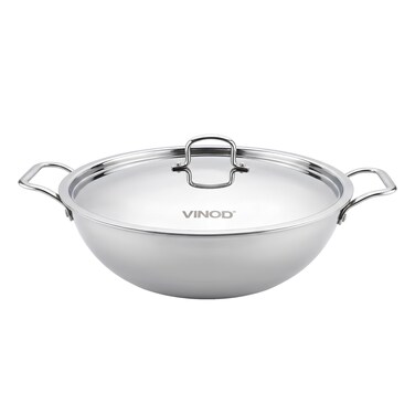 Vinod Smart Tri-Ply Stainless Steel Kadahi with Lid, 36 cm (Item VTK036)   Heavy Bottom Premium Deep Wok   Elegant Triply Cookware Stir-Fry Pan for Even Heating