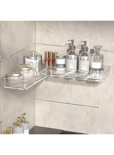 Tazweeq Clear Acrylic Corner Adhesive Shower Caddy, Wall Mounted Shower Shelf for Kitchen and Bathroom, Shower Shelf without Drilling, Acrylic Bathroom Shelf with Self-Adhesive Tape