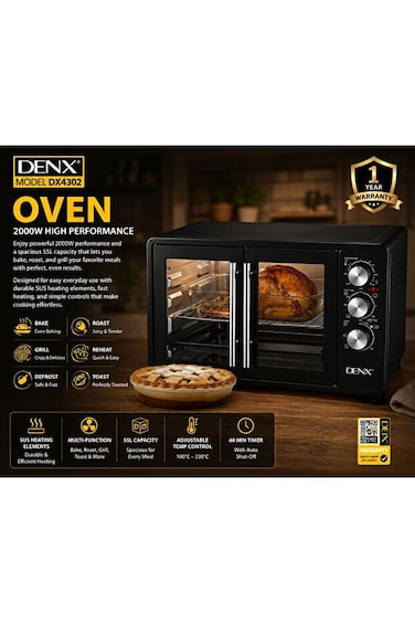 Denx 55L Electric Oven with 2000W Power and Adjustable Temperature Control