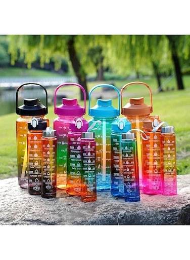VIO&reg; Set of 3 Sports Water Bottles 3 Pack Motivational Bottles with Time Capacity Marker For School Office Home Gym Exercise Fitness Cycling Outdoor Men Women Kids 2000 900 500 ML (Orange Yellow Pink)