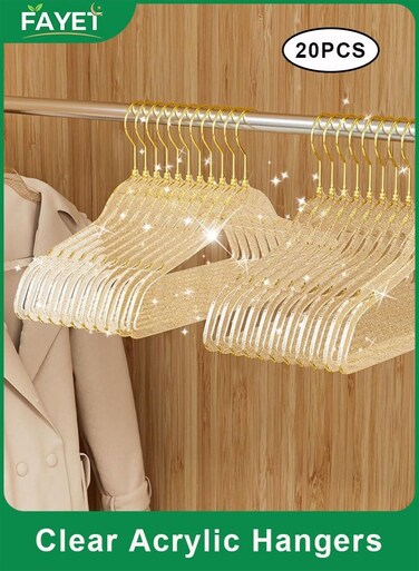 20 Pack Clear Acrylic Hangers with Gold Glitter, Ultra-Slim Space-Saving Design, Durable Non-Slip Hangers for Coats, Pants, Shirts, Dresses, and Suits