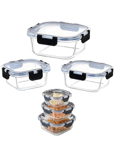 Tycom Glass Meal Prep Containers (3 pcs Square) - Glass Food Storage Containers with Lids, Glass Lunch Box, Portion Control, Airtight, Glass Bento Box Lunch Containers- 3P Square Black
