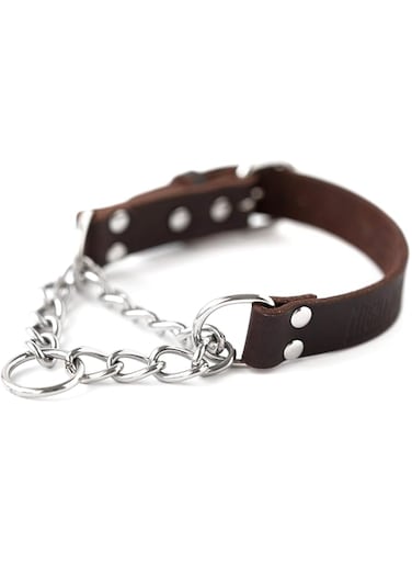 Mighty Paw Leather Training Collar, Martingale Collar, Stainless Steel Chain - Premium Quality Limited Chain Cinch Collar. (Medium, Brown)