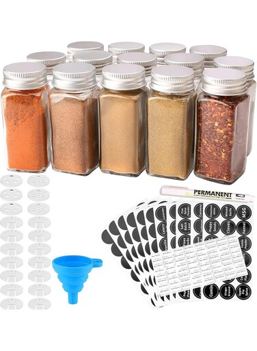 14-Piece Glass Spice Jars Set with Labels   4oz Square Empty Spice Bottles with 3 Types of Shaker Lids &amp; Airtight Metal Caps   Includes White Paint Pen &amp; Silicone Collapsible Funnel