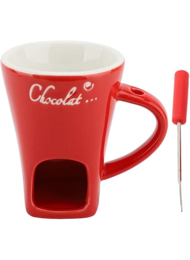 gernie Chocolate Melting Cup, Tealight Candle Heating Chocolate Fondue Mug Ceramic Butter Warmer Pot with Fork, Chocolate Melting Supplies for Cheese, Chocolate and Tapas (Red)