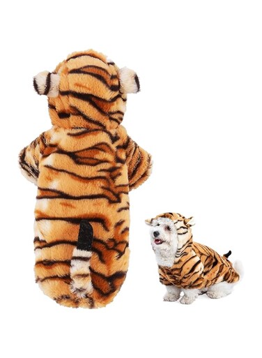 KASTWAVE Dog Tiger Costumes, Funny Pet Costumes Halloween Christmas Cosplay Dress Small Pet Cat Tiger Costume Animal Fleece Hoodie Warm Outfits Clothes (L)