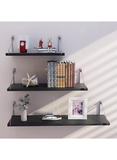 LYLYMYKHH Floating Shelves for Wall - Set of 3 Hanging Wood Shelf Rustic Wooden Shelves with Metal Brackets Hanging Shelf Wall Organizers for HomebStorage Rack Wall Mount Black-3Pcs