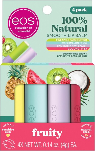 EOS 100% Natural Lip Balms- Coconut Milk, Pineapple Passionfruit, Watermelon Fros&eacute; &amp; Raspberry Kiwi Splash, All-Day Moisture Lip Care, 0.14 oz, 4-Pack