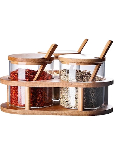 MIATTCLD Condiment Pots 3 Pcs Clear Seasoning Jars with Lid and Spoon, 280 ML/9.5 OZ Glass Spice Container with Bamboo Serving Tray, Kitchen Seasoning Storage Organizer for Salt Sugar Pepper