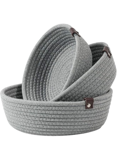 Aokraty Cotton Rope Storage Basket Set of 3, 3 Piece Woven Storage Baskets for Organizing, Cat Dog Toy Basket Bins Cube, Bathroom Organization Bins, Baby Nursery Storage (Grey)