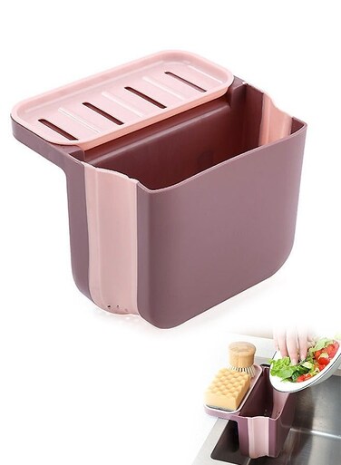Trash Waste Bin Drain Basket for Kitchen, Can Foldable Mini Dry and wet separation PP material Garbage Can, Storage Rack for Bedroom Bathroom (Pink)