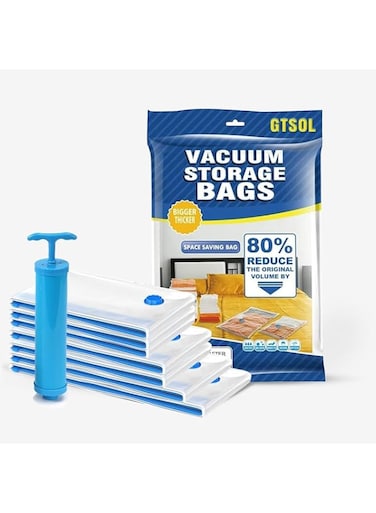GTSOL 8 Pack Vacuum Storage Bags (1 Jumbo, 1 Large, 2 Medium, 3 Small) with Hand Pump, Reusable Compression Bags for Travel &amp; Closet Organization