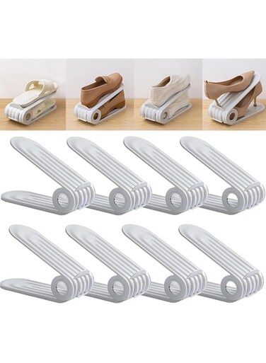 Fohome Foldable Shoe Slot Storage, Double Shoes Rack Organizer Home Storage Shoes Stackers,Adjustable Shoe Rack Holder Shoes Storage Organizer Organizader for Living Room Bedroom(Grey 8 Pcs)