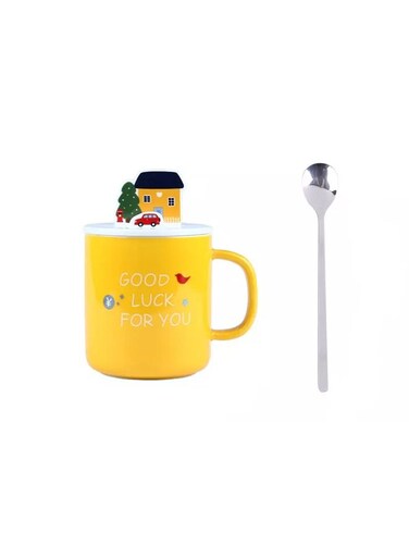 Ceramic Mug With Lid And Spoon Decal Coffee Cup With Handle 400ml
