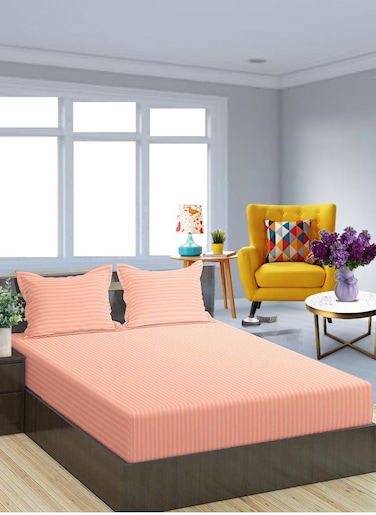 Pastel Pink Striped Cotton Bed Sheet Sets 3 Piece Set Deep Pocket 180x200+25cm