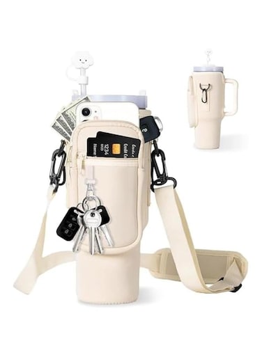 Water Bottle Holder with Strap for Stanley 40 oz Tumbler with Handle, with Cell Phone Pocket and Adjustable Shoulder Strap &amp; Carabiner for Stanley Cup Accessories (White)