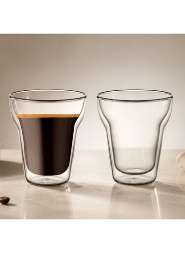 Double Wall Glass Cups Set of 2 Insulated Coffee &amp; Tea Glasses for Hot &amp; Cold Drinks Clear, DG863 (220ML, 2 Piece Set)