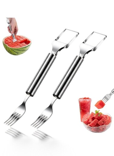 2pcs 2-in-1 Stainless Steel Fruit Cutter, Watermelon Fork Slicer Tool, Watermelon Slicer and Fork, Dual Head Knife with Round Handle for Kitchen Fruit Cubes