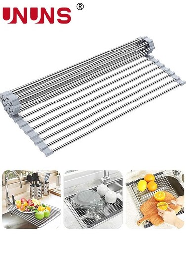 Dish Drying Rack,Roll Up Sink Dish Drainer Rack,Over The Sink Dish Drying Rack, Foldable Sink Rack,Stainless Steel Wire Dish Drying Rack For Kitchen Sink Counter,Washing Dish Rack,Gray 47x35cm