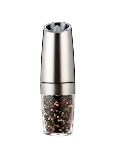 WinCheer Electric Pepper Grinder or Salt Mill Spice Tall Power Shaker, Silver Gravity Control Battery Powered with Blue LED Light, Adjustable Ceramic Coarseness (Silver, 1)