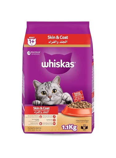 Whiskas Skin and Coat Dry Cat Food, 1.1Kg Bag, for Adult Cats, Cat Dry Food That Helps Maintain Healthy Skin and Coat