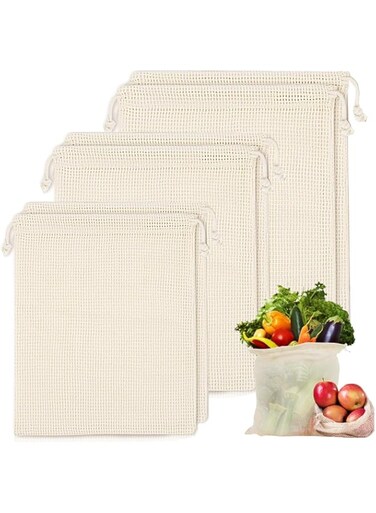 GraGra Cotton Mesh Produce Bags, 6 Pcs Reusable Produce Bags, Eco friendly Foldable Washable Cotton Grocery Bags with Drawstring Lock for Vegetables, Fruit, Grocery Shopping, Storage.
