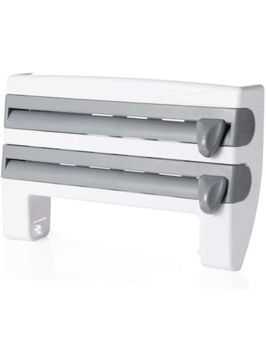 TSTSM Kitchen Roll Dispenser with Cutter, 3 in 1 Cling Film Cutter Napkin Wall Roll Paper Holder Foil Cutter for Smooth Cutting Edges, Towel Storage Rack-Gray