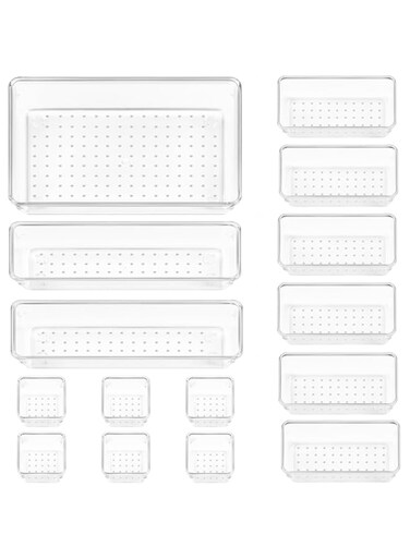 Vtopmart 15 PCS Clear Plastic Drawer Organizer Set, 4-Size Versatile Bathroom and Vanity Desk Organizer Trays, Drawer Organiser for Makeup, Bedroom, Kitchen and Office