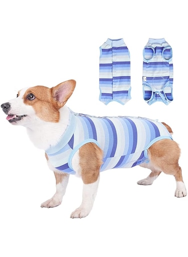 SYOSI Cat/Dog Recovery Suit, Dog Sterilization Surgical Gown High Elastic Breathable, Nursing Clothes for Dogs After Weaning and Pet Surgical Recovery Snugly Suit Dog (Large, Striped Blue)