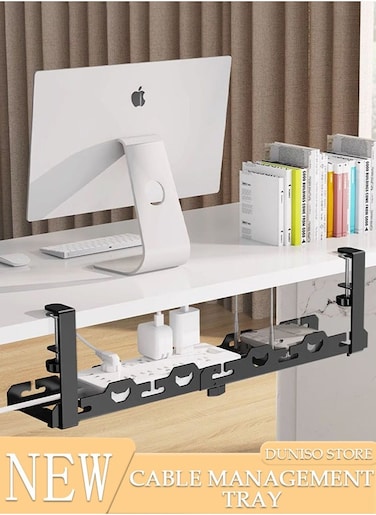 Under Desk Cable Management Tray, Adjustable cable organizer, Under Desk Cord Organizer with Clamp Mount System for Wire Management, Metal Wire Cable Holder for Desks, Offices, No Need to Drill Holes