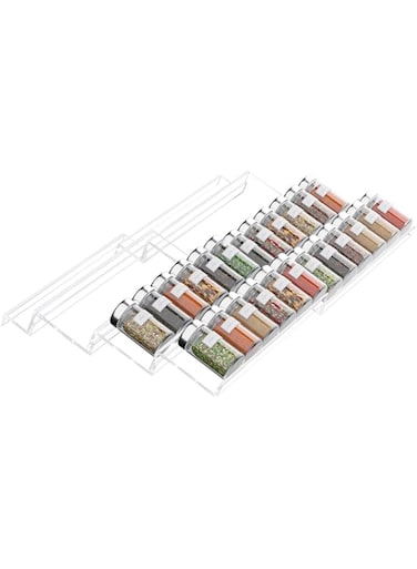 FEMELI Spice Drawer Organizer Insert, 4 Tier*2 Set Expandable From 13" to 26" Spice Rack Organizer for Drawer, Seasoning Organizer for Drawer, Acrylic Clear (Jars not included)