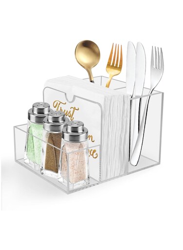 Napkin Holder with Salt and Pepper Shaker Caddy, Acrylic Napkin Holder for Table, Versatile Use for Home Dining, Hosting, Wedding Reception, Party, Patio, Deck, Restaurant, Cafe Bar Decor, Easy to Clean, Clear