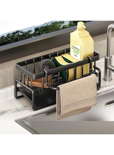 P PIPITA Kitchen Sink Caddy Organiser with Divider,Sink Caddy Sponge Holder for Kitchen Sink with Self Draining Tray,Dish Soap Scrubber Brush Dishcloth,Rustproof Stainless Steel (Black)