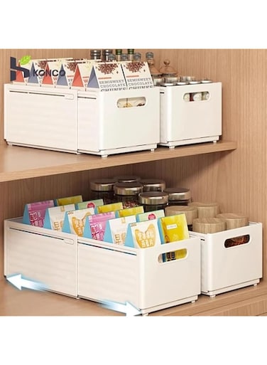 Generic Expandable Kitchen Storage Boxes Food Storage Container Drawer Organizers Boxes Plastic Countertop Bathroom Storage Boxes (2 Pcs Beige Small)