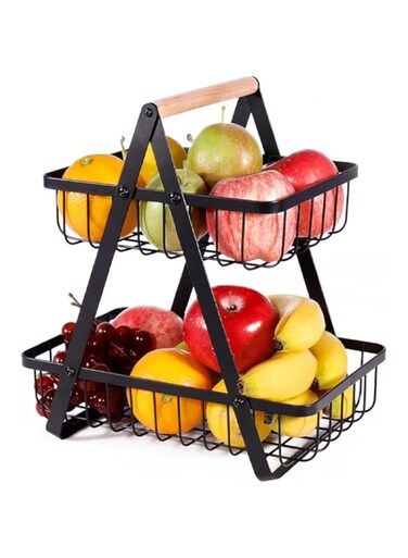 2 Tier Fruit Bowl, Fruit Basket for Kitchen Detachable Portable Handle Hollow Design Quickly Drain Multi-Function Suitable for Kitchen Bathroom Bedroom Storage
