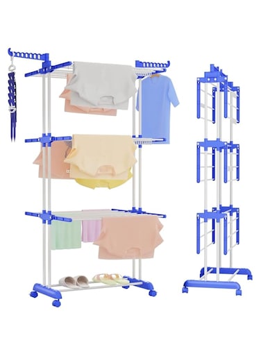 Moonmen Clothes Drying Rack with 4 Castors,Folding Movable Clothes Rail Storage Rack, 4 Tier Clothes Horses Rack Laundry Garment Dryer Stand (Blue)
