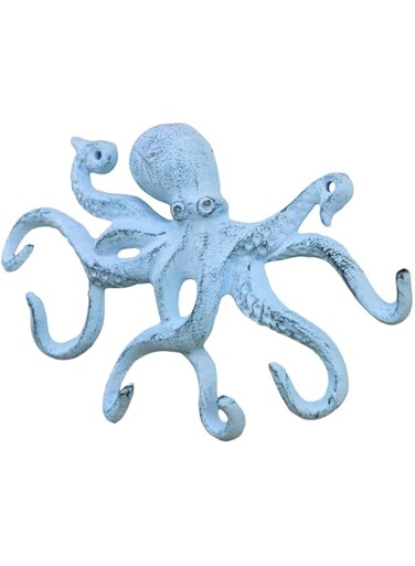 Handcrafted Nautical Decor Rustic Dark Blue Whitewashed Cast Iron Octopus Hook 11 Inch - Decorative Hook - Sealife Metal Wall Hook