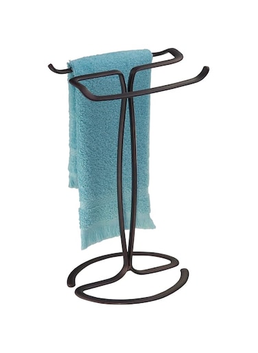 iDesign Axis Metal Hand Towel Holder for Master Bathroom, Vanities, Countertops, Kitchen, Holds 2 Finger Tip Towels, Bronze