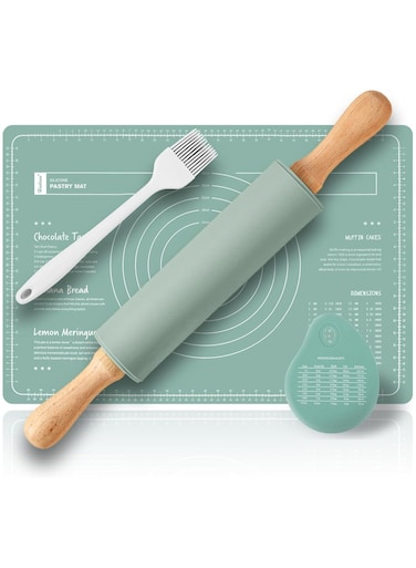 Silicone Baking Mats Set &amp; Rolling Pin with Pastry Brushes and Dough Scraper,Non Stick Silicone Rolling pin with Wooden Handle and Baking mats Non Stick Silicone,Pastry mat Set of 4
