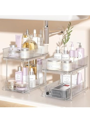 2Pcs 2-Tier Clear Bathroom Under Sink Organizers and Storage,Snap-Lock Pull Out Bathroom Medicine Cabinet Organizer,Multi-Purpose Kitchen Pantry Organizer and Storage with Movable Divider