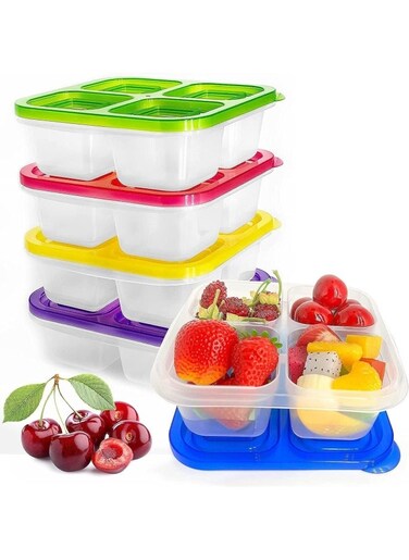5 Pack Bento Lunch Box   Reusable Snack Boxes With 4 Compartments   Stackable Food Storage Containers   Plastic Divided Storage Boxes   Meal Prep Container   Freezing/Microwave/Dishwasher