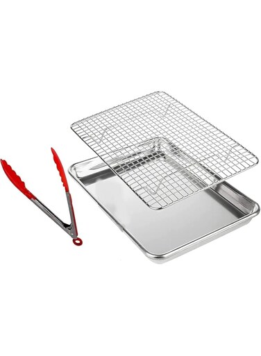 Yuniverse Pan Bakeware and Cooling Rack, Sheet Aluminum Baking Pan and Stainless Steel Rack Set, Roasting Rack Set and Cookie Tray for Oven and Grill with Nylon Food Tong as free (23.5x17.5x2.5 cm)
