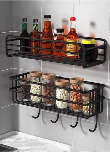 2-Piece Kitchen Metal Rack Seasoning Organizer Wall Mounted Storage Rack And Hooks Black