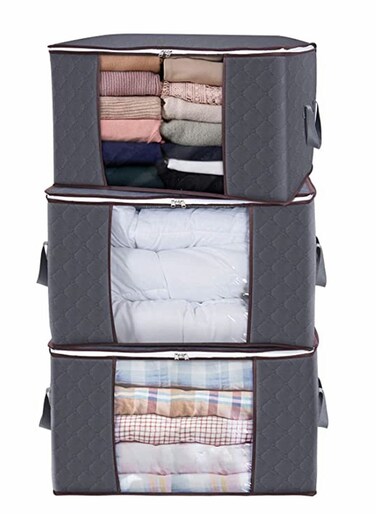 Large Capacity Clothes Storage Bag, with Reinforced Handle Thick Fabric for Comforters, Blankets, Bedding, Foldable Sturdy Zipper, Clear Window, 3 Pack, Grey