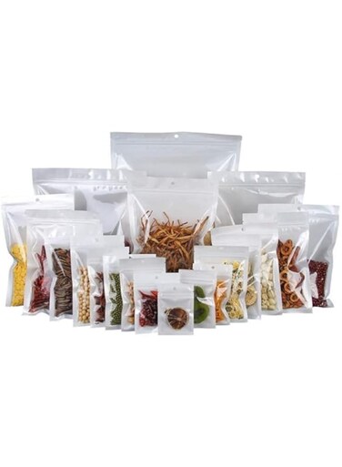 FEMININO 100 Zip lock Self Seal Plastic Bags White and Transparent Clear front with Hanging Hole (7x23)